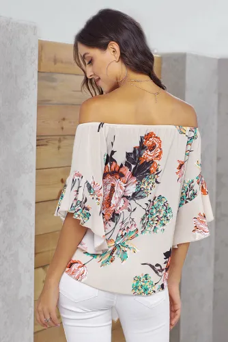 Apricot Off Shoulder Floral Tie Front High Low Chiffon Blouse