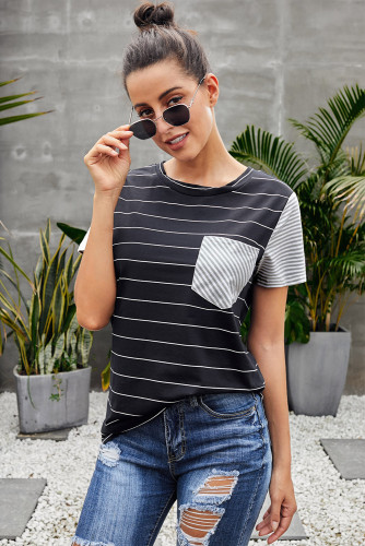 Black Striped Short Sleeve Contrast Color T-Shirt with Pocket