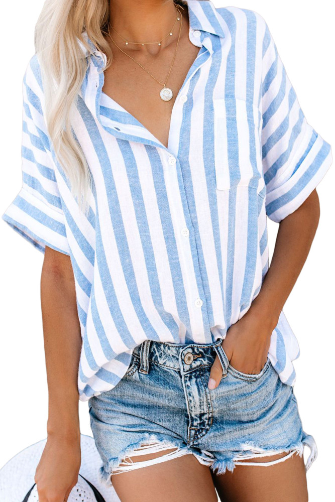 V Neck Stripes Roll up Sleeve Button Down Shirt