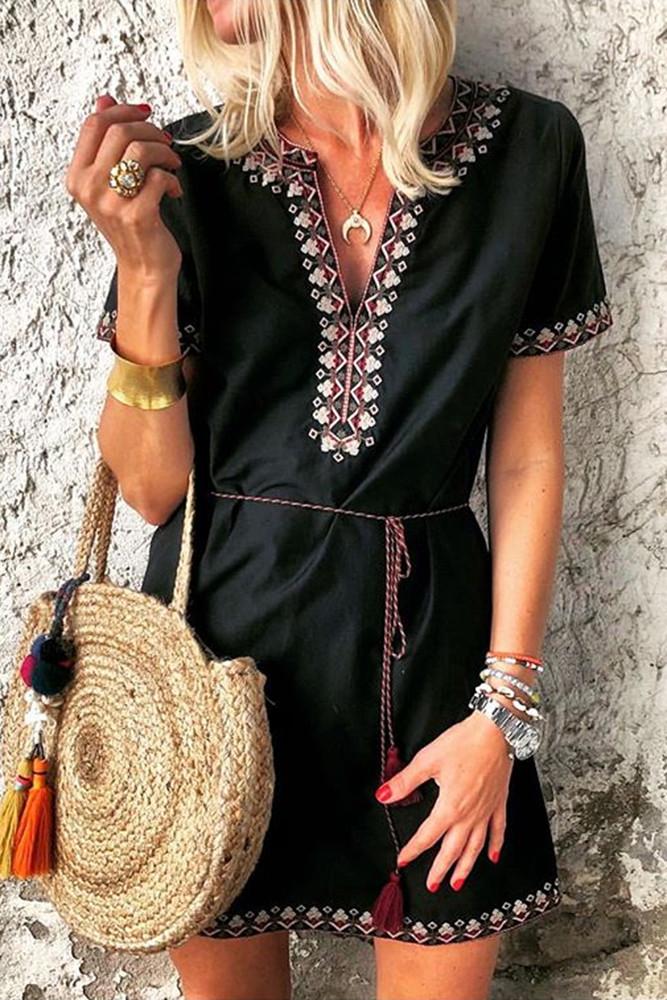Black Summer Boho Embroidered V Neck Short Sleeve Casual Mini Dress