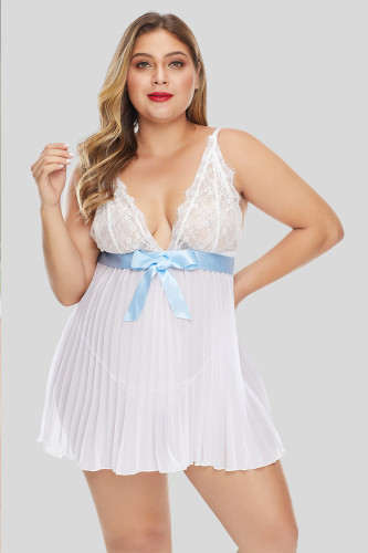 White Plunge V Neck Lace Bust Pleated Plus Size Babydoll