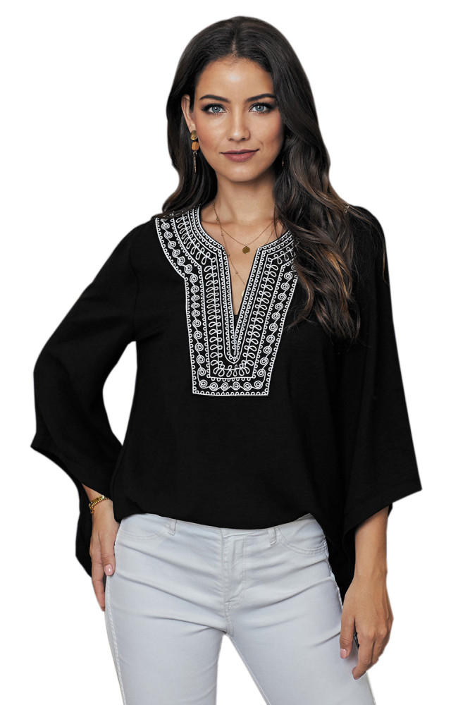 Black V Neck Vintage Floral Print Blouse