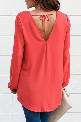 Red Long Sleeve Twist Front Slit Blouse