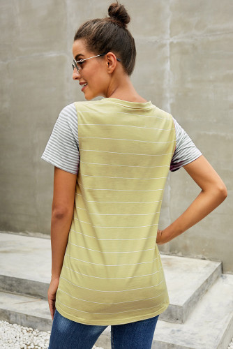 Yellow Striped Short Sleeve Contrast Color T-Shirt with Pocket