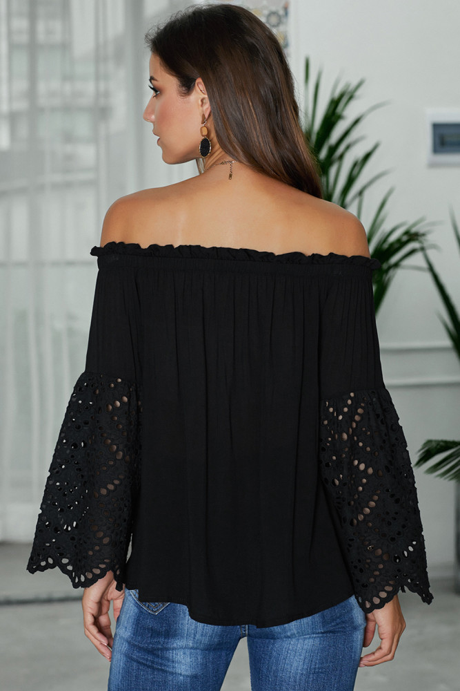 Black Off The Shoulder Eyelet Sleeves Blouse