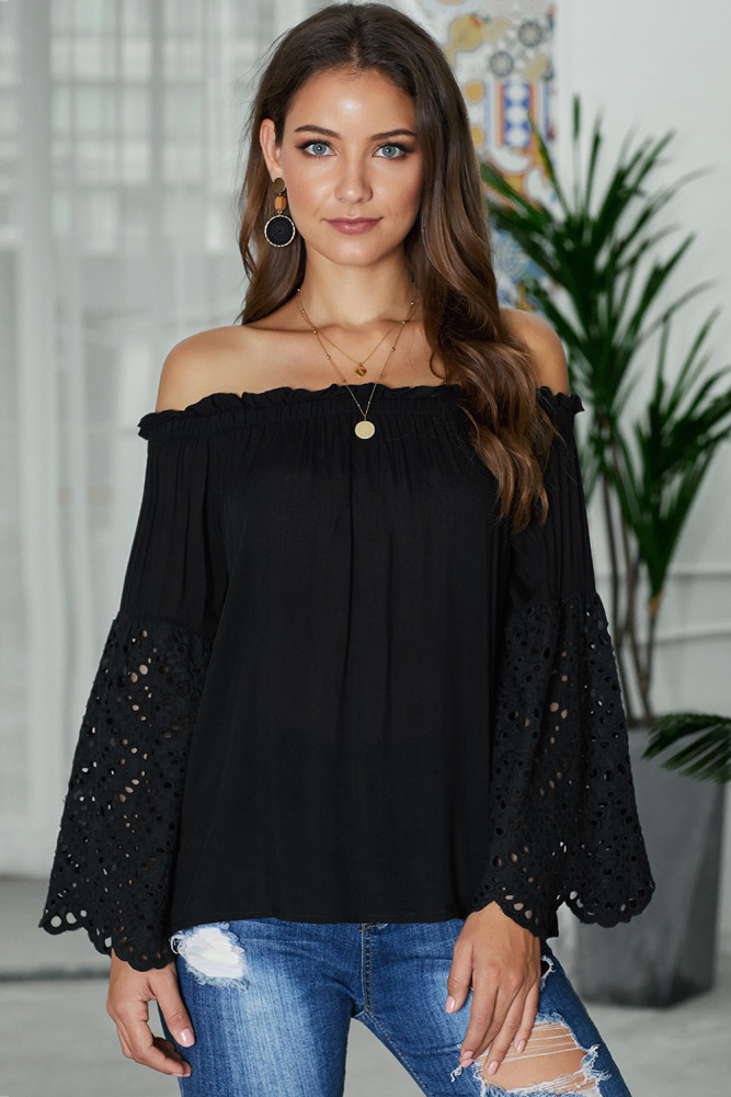 Black Off The Shoulder Eyelet Sleeves Blouse