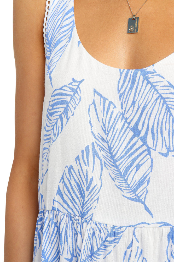 Sky Blue Leaf Pattern Ruffled Summer Boho Dress