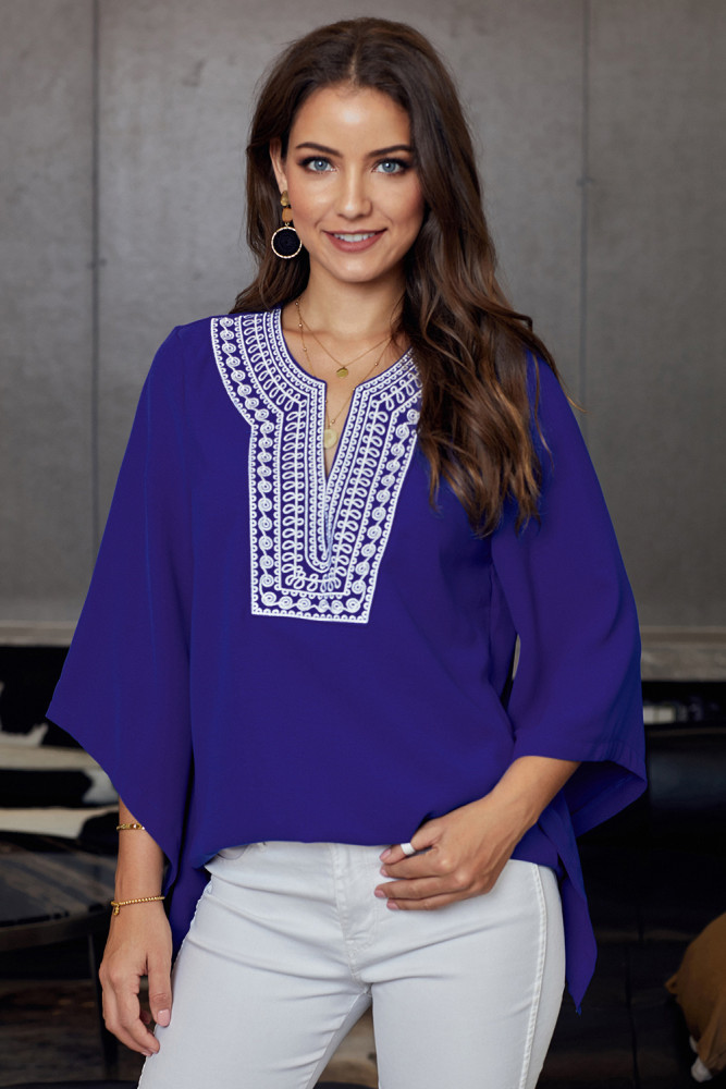 Blue V Neck Vintage Floral Print Blouse