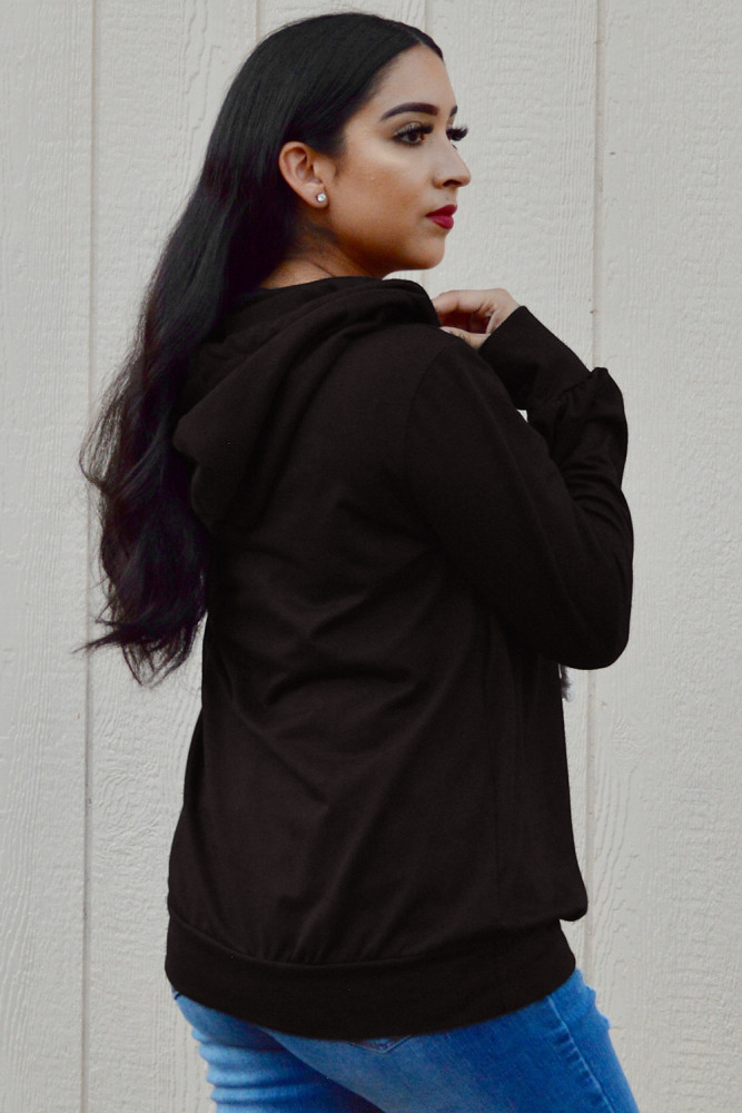 Black Long Sleeve Hoodie with Rope Drawstring