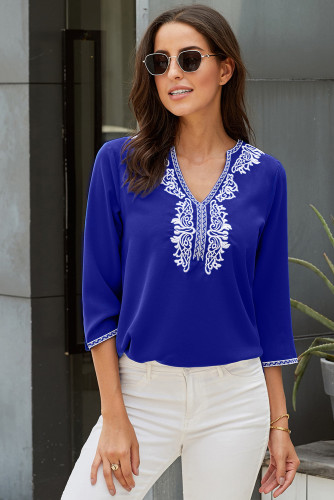 Blue Vintage Floral Print V-Neckline 3/4 Sleeves Blouse