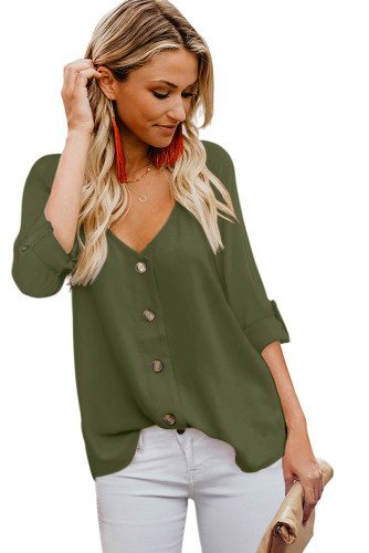 Green Button Detail Roll up Sleeve Blouse