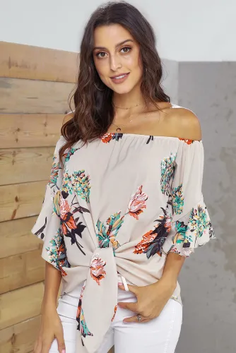 Apricot Off Shoulder Floral Tie Front High Low Chiffon Blouse