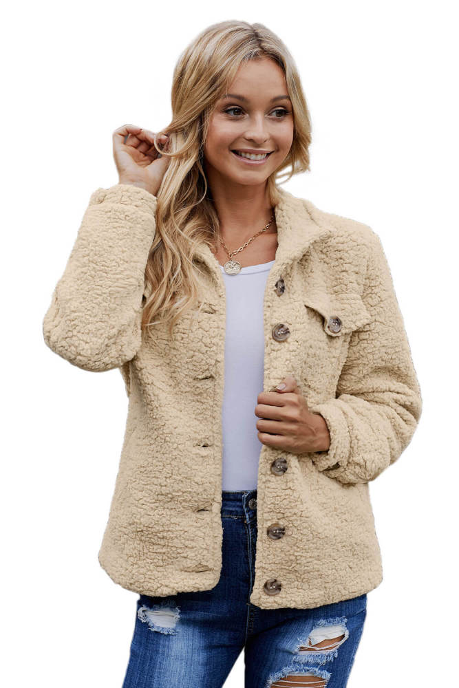 Khaki Sherpa Button Up Long Sleeve Jacket