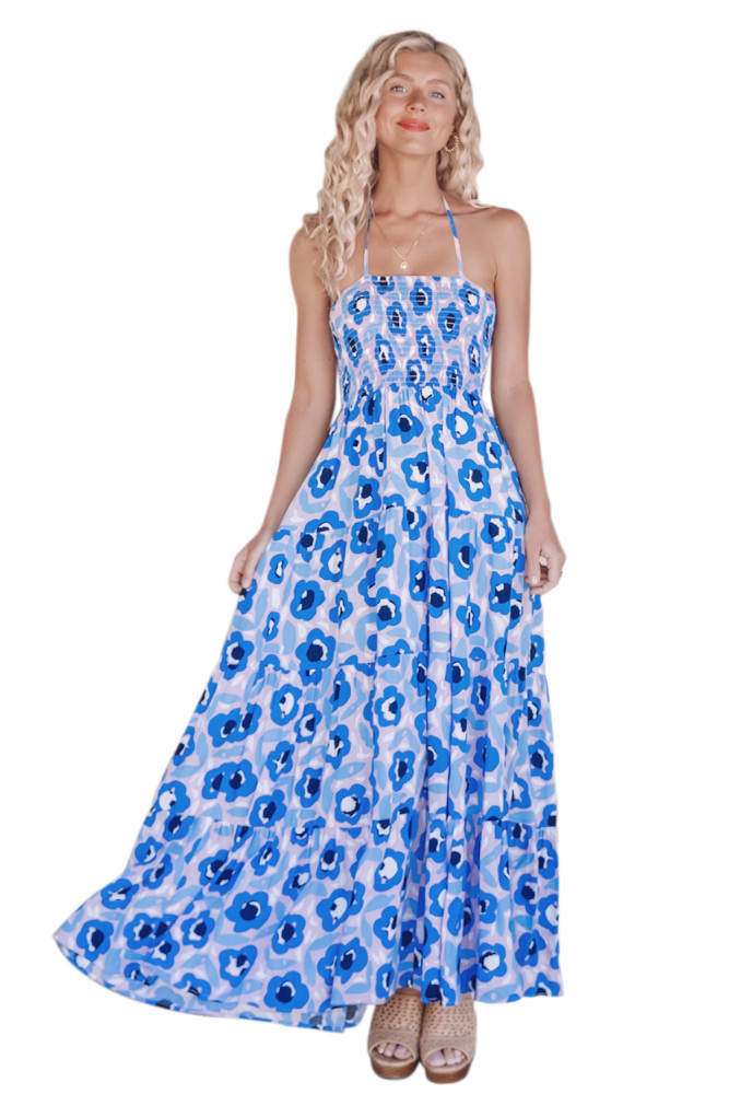 Sky Blue Summer Bohemian Printed Holiday Maxi Dress