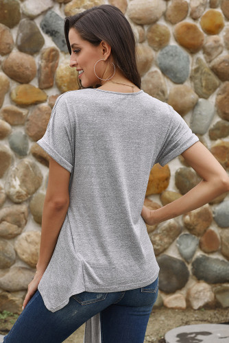 Gray Wrap Self Tie Waist Short Sleeve Top