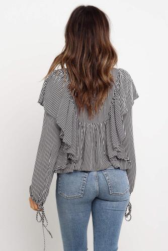 Black Button Ruffle&Tie Striped Shirt