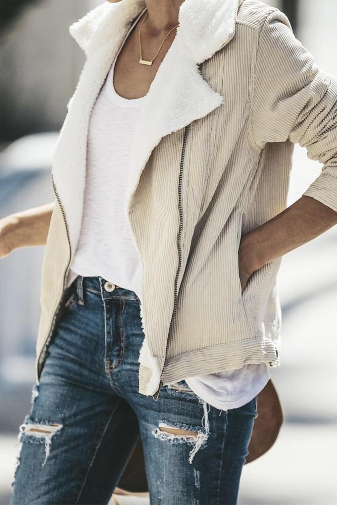 Khaki Fold Over Collar Zipper Plain Jacket