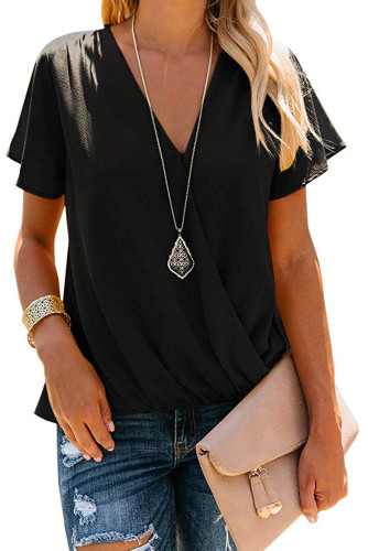 Black Drape Wrap Front Pleated Chiffon Top