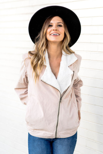 Khaki Fold Over Collar Zipper Plain Jacket