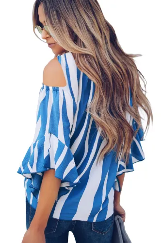 Sky Blue Cold Shoulder Vertical Stripes Blouse