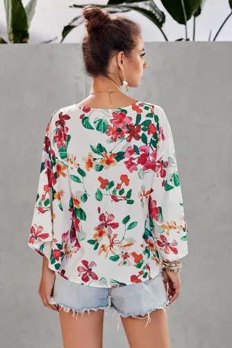 Multicolor Floral Printed Deep V Neck Tie Front Blouse