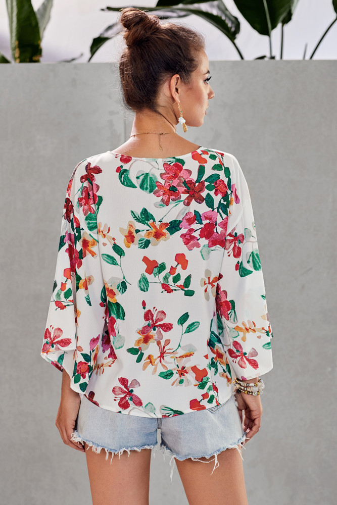 Multicolor Floral Printed Deep V Neck Tie Front Blouse