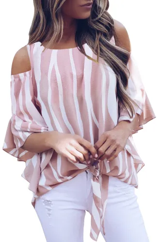 Pink Cold Shoulder Vertical Stripes Blouse