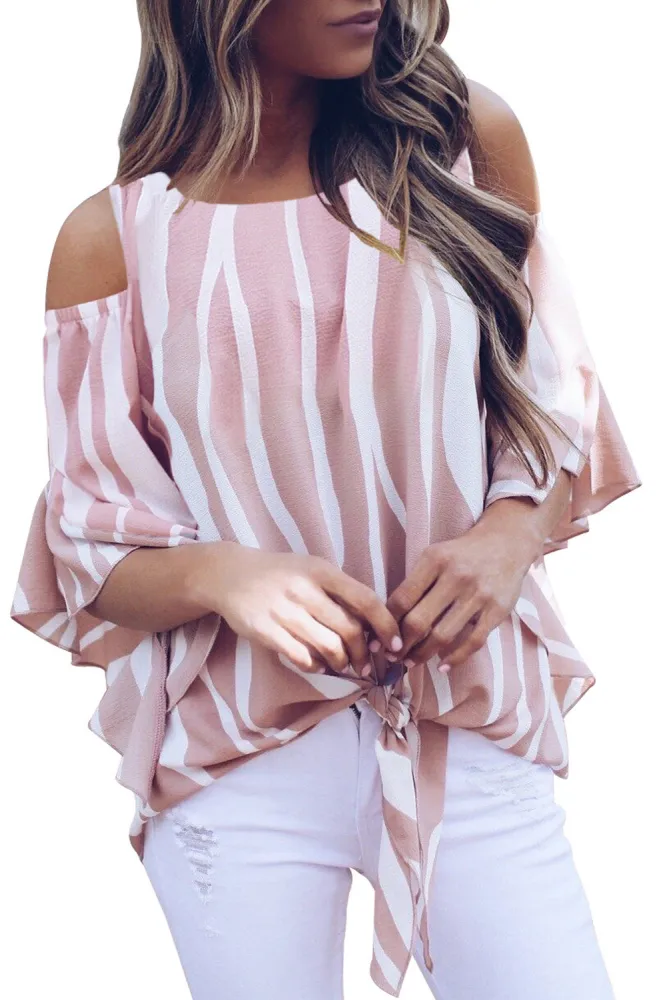 Pink Cold Shoulder Vertical Stripes Blouse