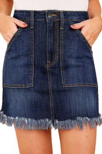 Blue Distressed Hem Denim Skirt