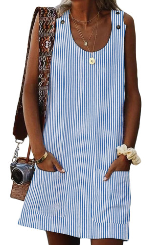 Sky Blue Boho Crew Neck Pockets Daily Striped Shift Dress