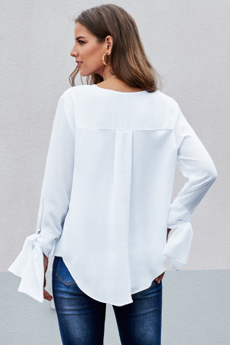 White V Neck Ruched Tie Sleeve Top