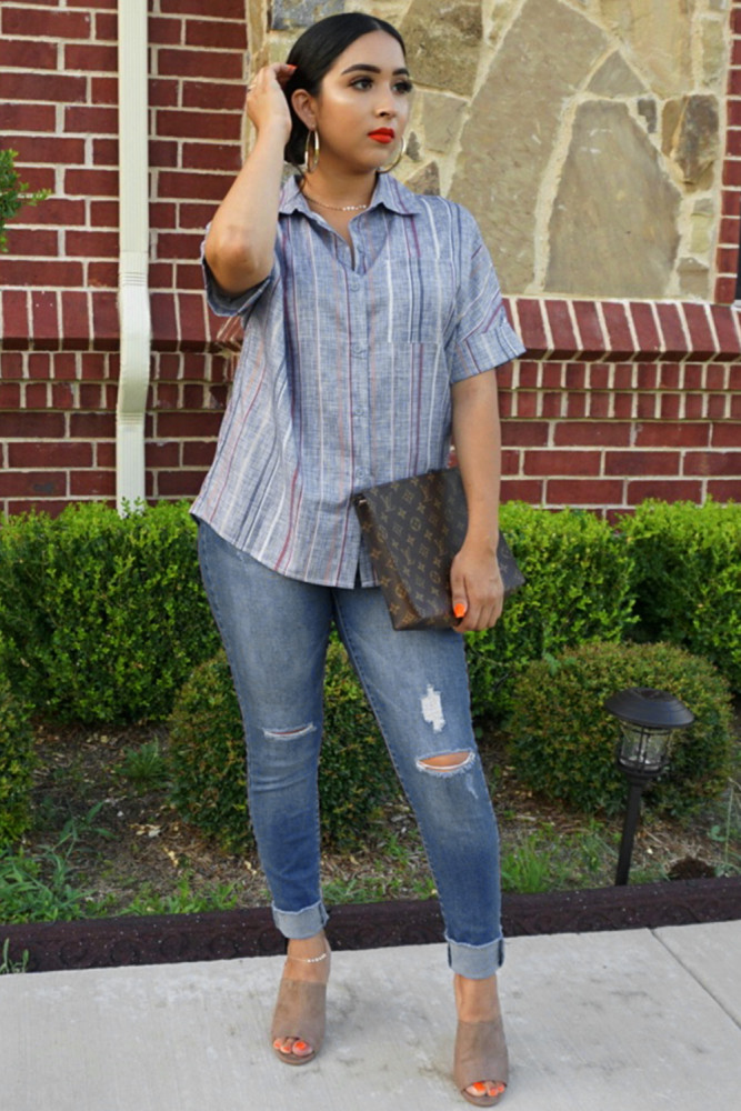 Blue V Neck Stripes Roll up Sleeve Button Down Shirt