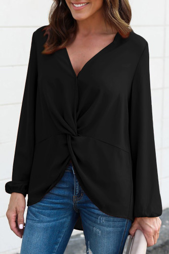 Black Long Sleeve Twist Front Slit Blouse