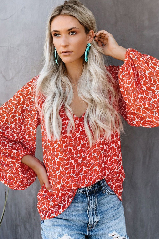 Red Boho Print Balloon Sleeve Blouse