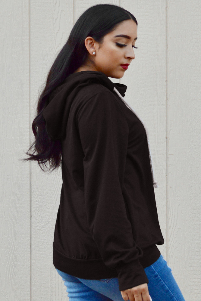 Black Long Sleeve Hoodie with Rope Drawstring