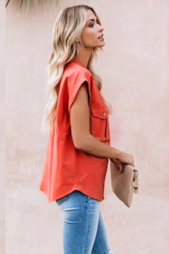 Orange Button Down Pocket Cap Sleeve Shirt