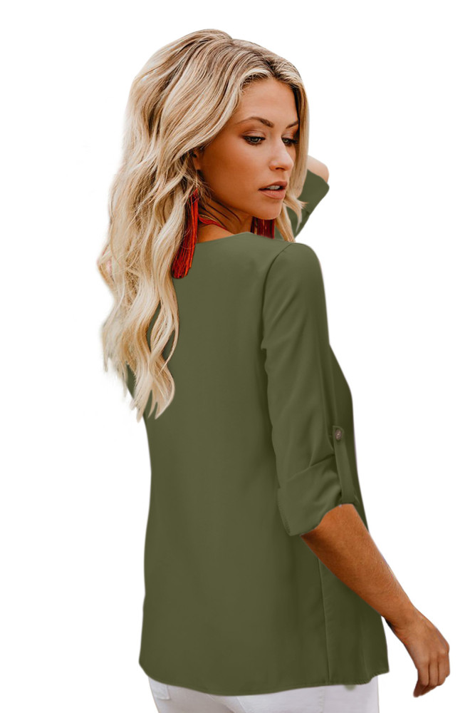 Green Button Detail Roll up Sleeve Blouse