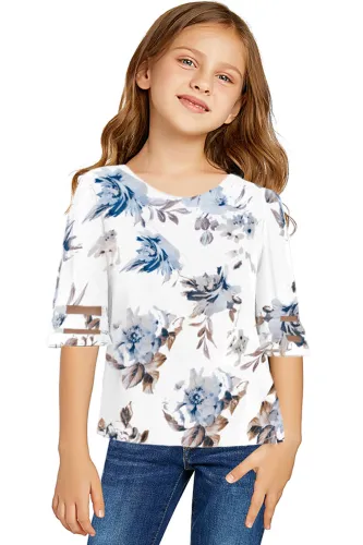 White Girl's 3/4 Bell Sleeve Mesh Panel Blouse