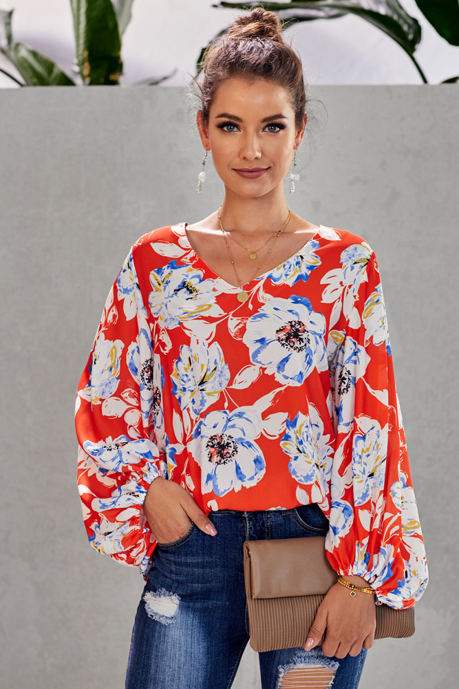 Orange Boho Print Balloon Sleeve Blouse
