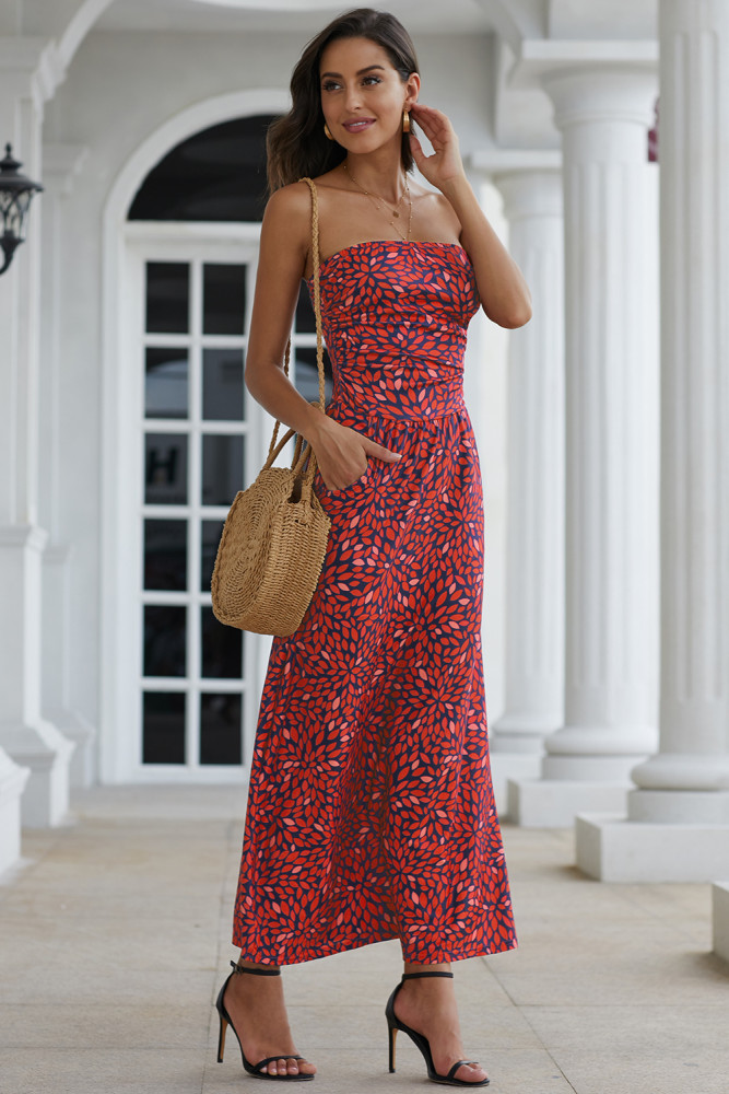 Red Bohemian Bandeau Floral Print Maxi Dress