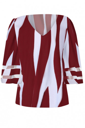 Red 3/4 Bell Sleeve V Neck Lace Patchwork Shirt