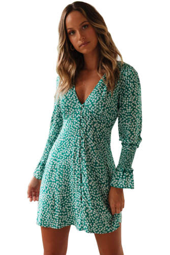 Green V Neck Floral Print Boho Ruffled Sleeve Dress