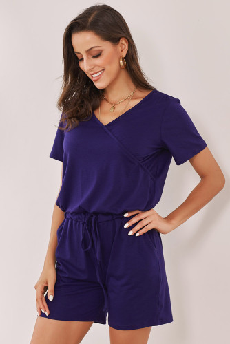 Blue Casual Loose Short Sleeve Romper with Pockets