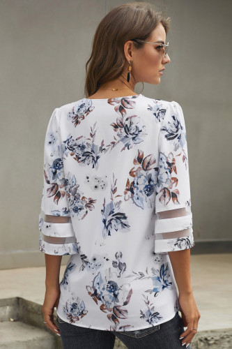 White 3/4 Flared Sleeve Floral Blouse