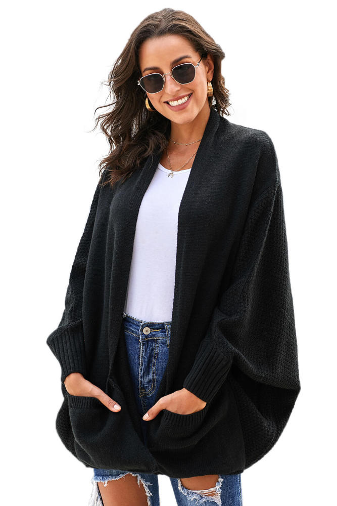 Black Patch Pockets Batwing Sleeve Cardigan