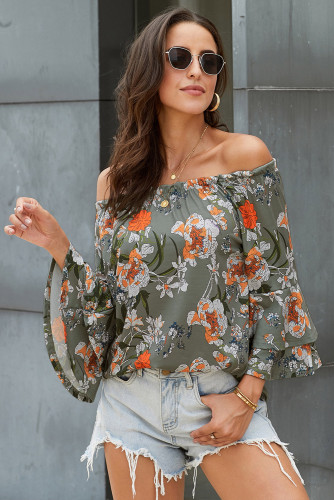 Gray Elasticised Neck Floral Print Blouse