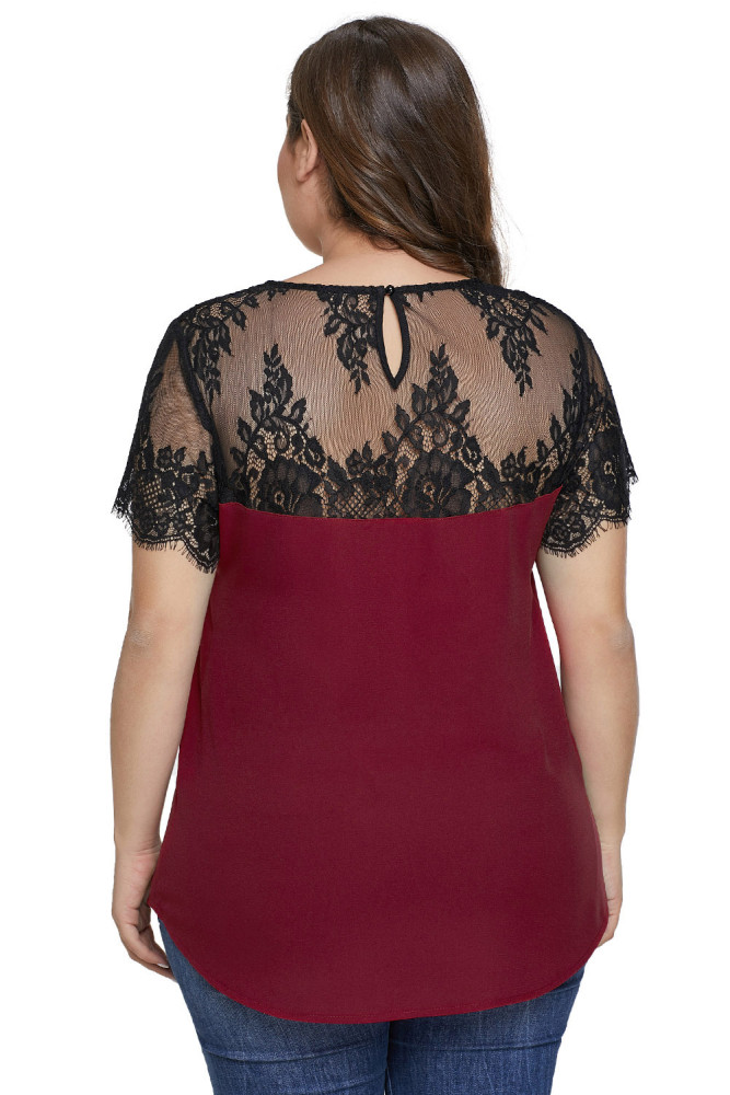 Red Lace Yoke Plus Size Top