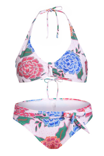 White Floral Print Halterneck 2 Piece Bikini Set