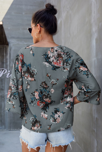 Green Floral Printed Deep V Neck Tie Front Blouse