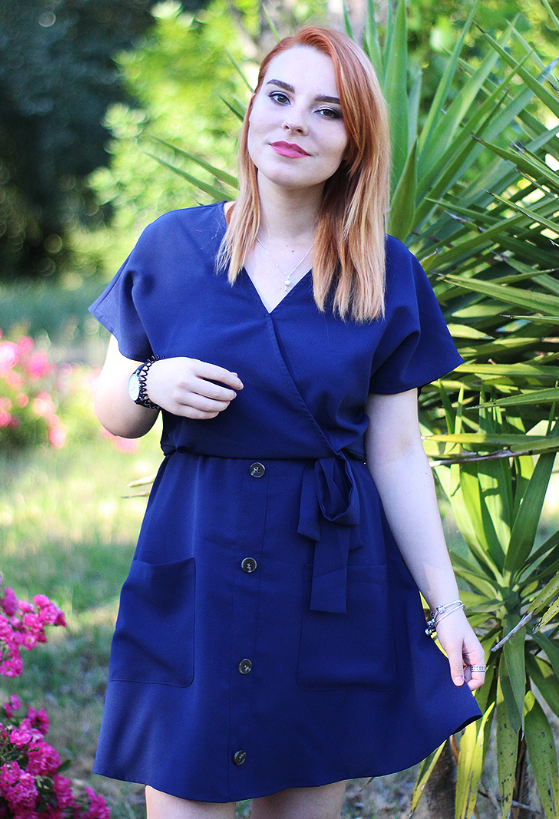 Blue Button Short Sleeve Casual Dress